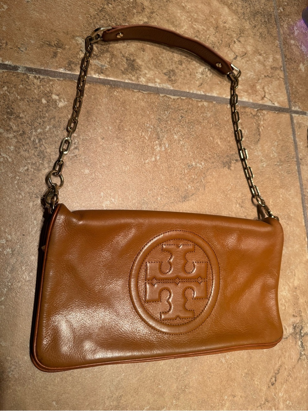 Tory Burch Cognac Leather Logo Chain Shoulder Bag